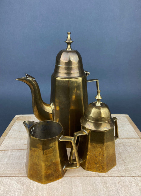 Antique Brass Coffee Pot, Creamer & Sugar Dish. Heavy Brass Containers with Handles. Made in India. Kitchen Accessories.