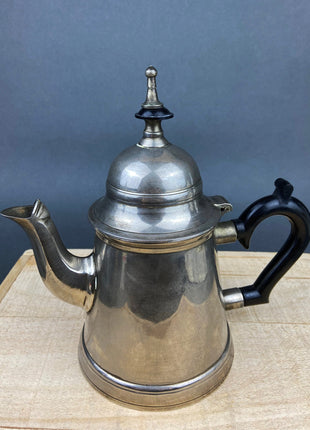 Antique Coffee, Tea Pots with Creamer & Sugar Dish. Metal with Black Handles. Possibly Silver Plated. Markings Present: WE B.P.M.S.