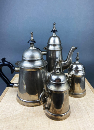 Antique Coffee, Tea Pots with Creamer & Sugar Dish. Metal with Black Handles. Possibly Silver Plated. Markings Present: WE B.P.M.S.