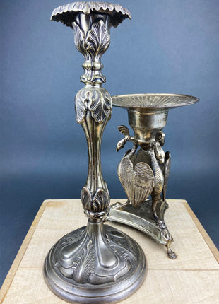 Antique Pillar Candle Holder / Silver Plated Candle Stand / Ornate Pedestal Stand with Beautiful Sculpted Birds.