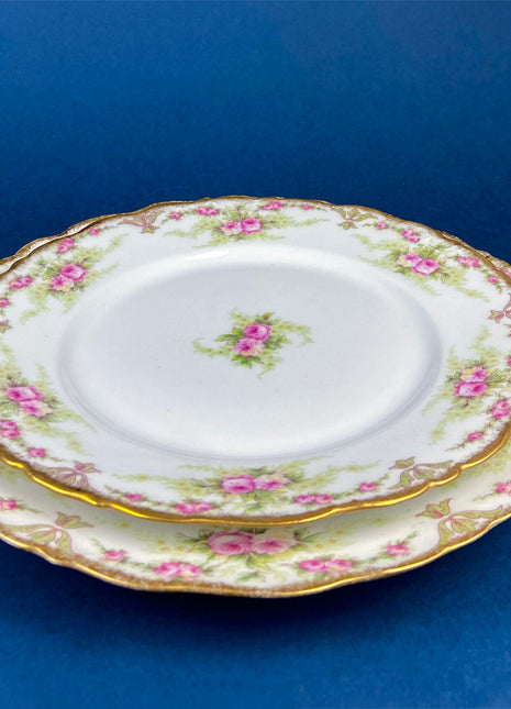 Antique Limoges Elite Porcelain Dinner/Salad Plates. Set of Two. Hand-Painted Rose Garlands and Scalloped Gold Rim. MF. & Co. Made in France