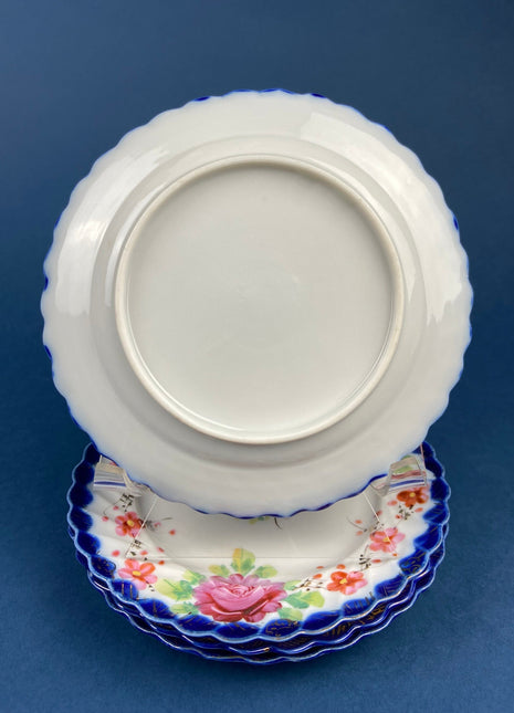 Set of Four Serving Plates. 6" Salad or Dessert Plates. Hand-Painted Cobalt Blue With Red Roses and Scalloped Rim. Collectible Porcelain.