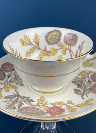 Regency Tea Cup and Saucer. Antique Hand-Painted Porcelain Cup and Saucer. Peach with Wild Flower Bouquet Motif. Made in England.