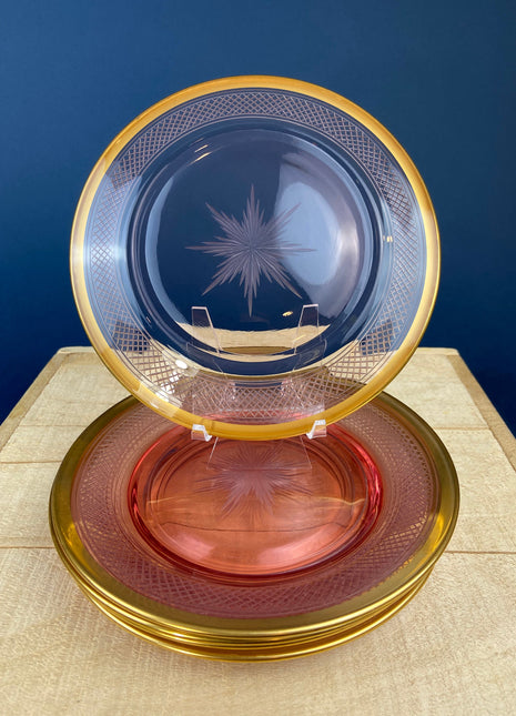 Antique Etched Pink Glass Dessert/Salad Plates With Gold Rims. Set of Five. Etched Star & Waffle Brim. Holiday Dining. Fine Dining.
