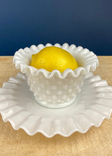 Milk Glass Serving Dish with Plate. Hobnail Serving Bowl for Dip, Dressing, or Sauce. White Scalloped Rim. Fine Dining. Collectible.