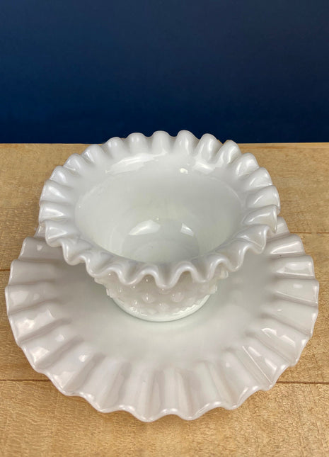 Milk Glass Serving Dish with Plate. Hobnail Serving Bowl for Dip, Dressing, or Sauce. White Scalloped Rim. Fine Dining. Collectible.