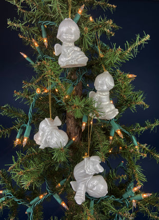 Angel/Cupid Christmas Tree Ornaments. White Ceramic Little Girls Frolicking. Set of Four. Kids Room Christmas Decor. Holiday Celebration.