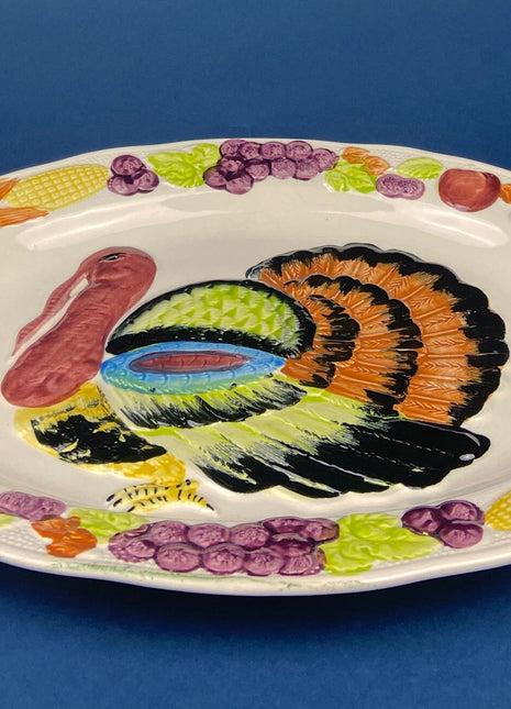 Large Turkey Serving Platter. Hand Painted Ceramic Serving Plate. Colorful Turkey on the Bed of Vegetables. Thanksgiving Celebration.