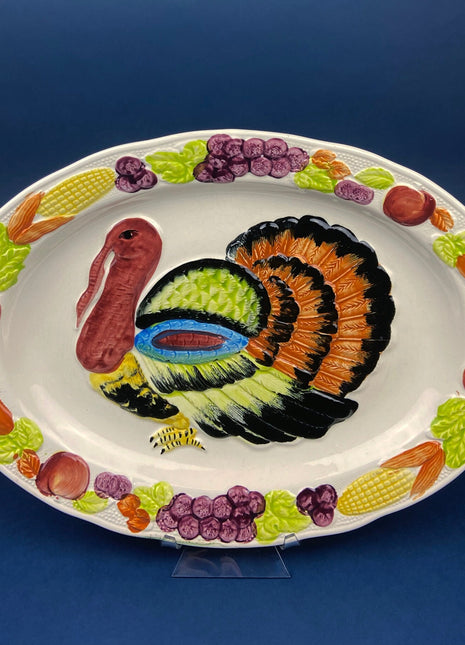 Large Turkey Serving Platter. Hand Painted Ceramic Serving Plate. Colorful Turkey on the Bed of Vegetables. Thanksgiving Celebration.