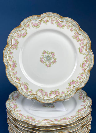 Small Dessert Plates by Royal Limoges. Set of Four Antique Serving Plates. Hand-Painted Rose Garlands and Scalloped Rims. Made in France.