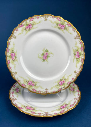 Antique Limoges Elite Porcelain Dinner/Salad Plates. Set of Two. Hand-Painted Rose Garlands and Scalloped Gold Rim. MF. & Co. Made in France