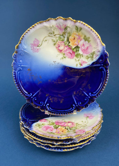 Antique Salad/Dessert/Serving Plates.  Set of Five Royal Bavarian, Hand Painted Cobalt Blue With Roses. Collectible Porcelain.