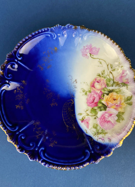 Antique Salad/Dessert/Serving Plates.  Set of Five Royal Bavarian, Hand Painted Cobalt Blue With Roses. Collectible Porcelain.