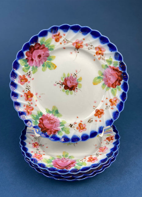 Set of Four Serving Plates. 6" Salad or Dessert Plates. Hand-Painted Cobalt Blue With Red Roses and Scalloped Rim. Collectible Porcelain.