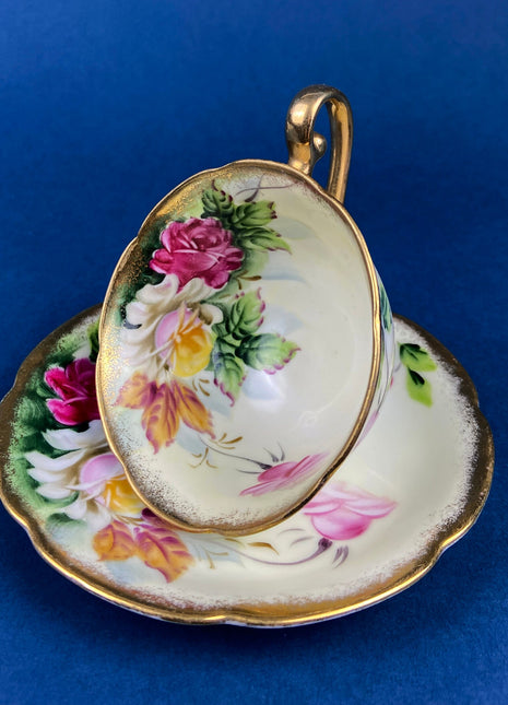 Antique Hand-Painted Porcelain Cup and Saucer. Roses Motif. Made in Japan. Gift for Her.