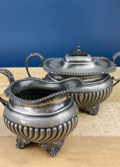 Vintage Pewter Creamer and Sugar Bowl with Lid. Cream and Sugar Serving Dishes with Black Plastic Wooden Handles & Knobs. Made in England.