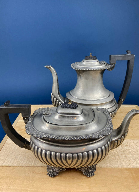 Vintage Pewter Teapot and Coffee Pot. Set of Two Beautifully Detailed Serving Pots. Fluted Body. Made in England. Pewter Collectors.