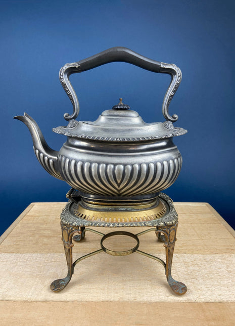 Antique Pewter Teapot or Coffee Pot with Warmer. Fluted Body and Beautiful Detailing on Brims. Made in England.