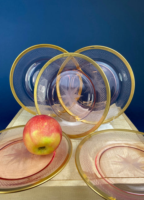 Antique Etched Pink Glass Dessert/Salad Plates With Gold Rims. Set of Five. Etched Star & Waffle Brim. Holiday Dining. Fine Dining.