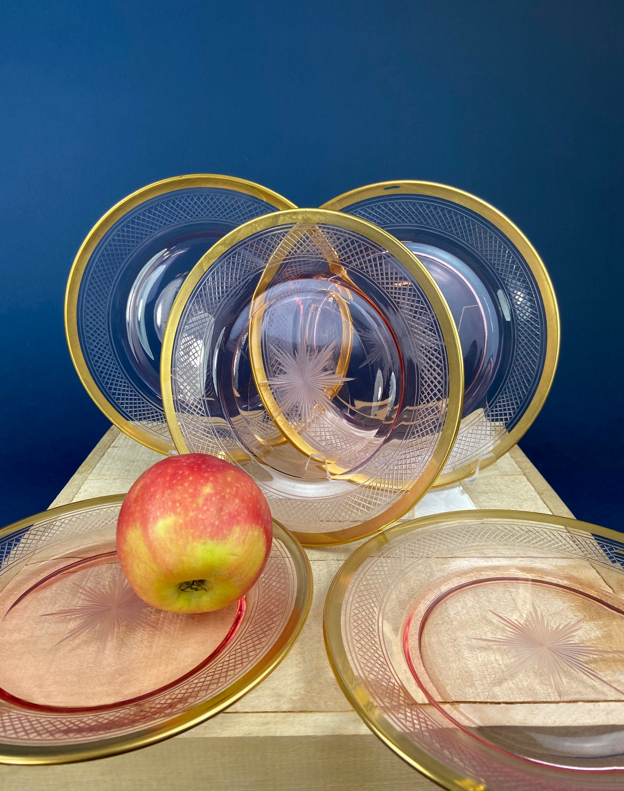 Antique Etched Pink Glass Dessert/Salad Plates With Gold Set