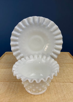 Milk Glass Serving Dish with Plate. Hobnail Serving Bowl for Dip, Dressing, or Sauce. White Scalloped Rim. Fine Dining. Collectible.