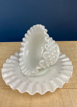 Milk Glass Serving Dish with Plate. Hobnail Serving Bowl for Dip, Dressing, or Sauce. White Scalloped Rim. Fine Dining. Collectible.