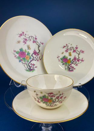 Tea or Coffee Set by Lenox. Ming Coupe, Asian Motif. Set of 9 Porcelain Cups and Saucers, 8" Salad Plates, and 12 6.5" Dessert Plates.