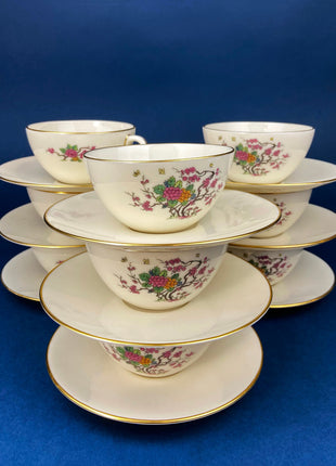 Tea or Coffee Set by Lenox. Ming Coupe, Asian Motif. Set of 9 Porcelain Cups and Saucers, 8" Salad Plates, and 12 6.5" Dessert Plates.