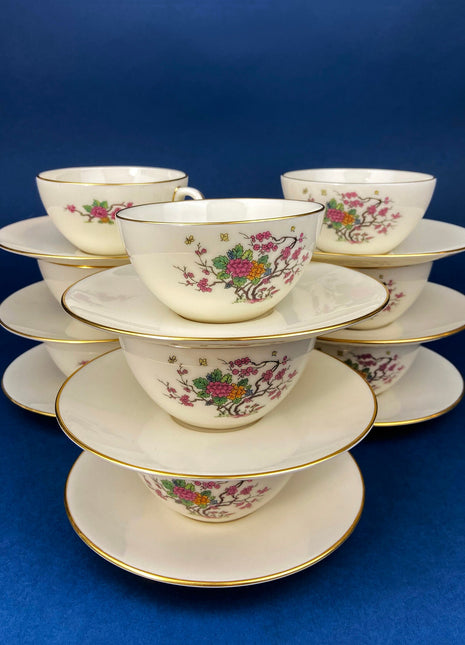 Tea or Coffee Set by Lenox. Ming Coupe, Asian Motif. Set of 9 Porcelain Cups and Saucers, 8" Salad Plates, and 12 6.5" Dessert Plates.