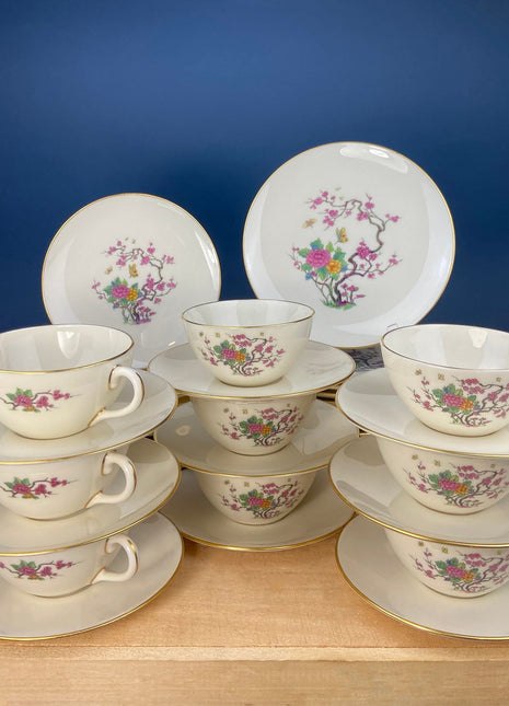 Tea or Coffee Set by Lenox. Ming Coupe, Asian Motif. Set of 9 Porcelain Cups and Saucers, 8" Salad Plates, and 12 6.5" Dessert Plates.