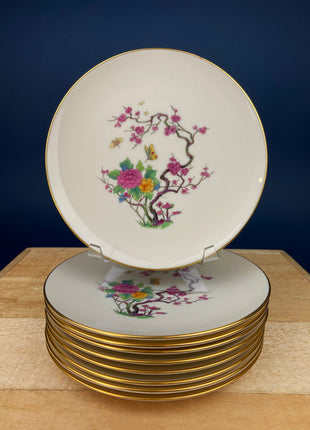Tea or Coffee Set by Lenox. Ming Coupe, Asian Motif. Set of 9 Porcelain Cups and Saucers, 8" Salad Plates, and 12 6.5" Dessert Plates.