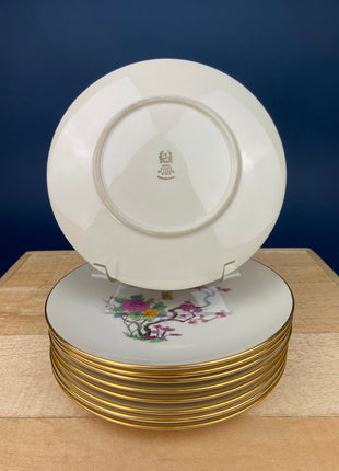 Tea or Coffee Set by Lenox. Ming Coupe, Asian Motif. Set of 9 Porcelain Cups and Saucers, 8" Salad Plates, and 12 6.5" Dessert Plates.