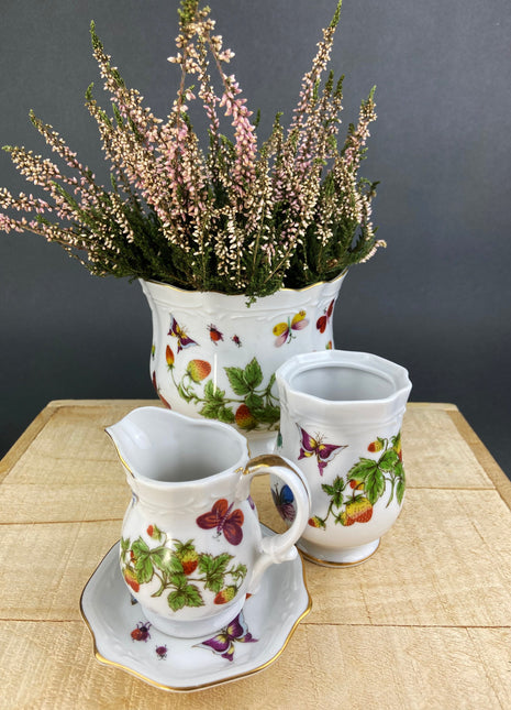 Vintage, Collection of Vases with Strawberries, Insects and Butterflies. Small Vases for Wild Flowers and Matching Pot. Home Decor.