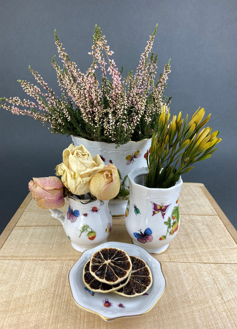 Vintage, Collection of Vases with Strawberries, Insects and Butterflies. Small Vases for Wild Flowers and Matching Pot. Home Decor.