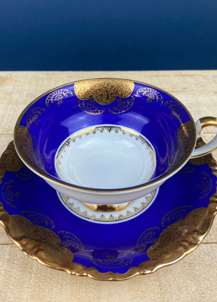 Antique Cup and Saucer. Cobalt Blue and Gold Imperial Bavaria Porcelain. Gold Relief Motif. Made in Germany. Collectibles.
