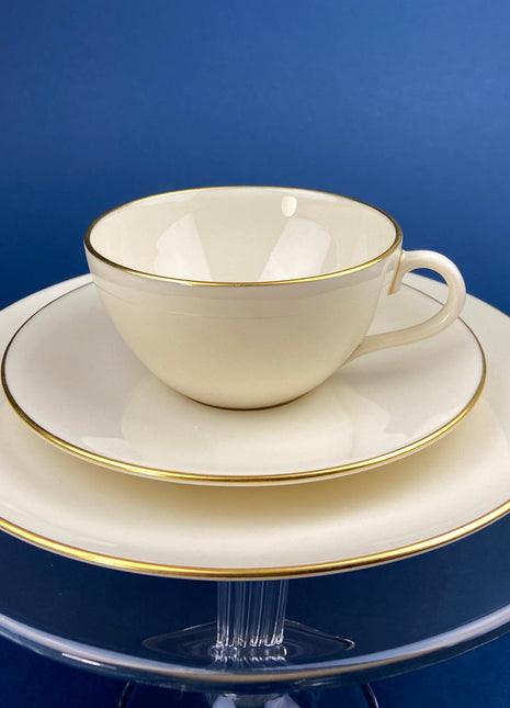 Vintage Tea Cup and Saucer Trio. Creamy White with Gold Rim. Olympia by Lenox. Porcelain Set of Three: Cup, Saucer, & 8" Dessert Plate.
