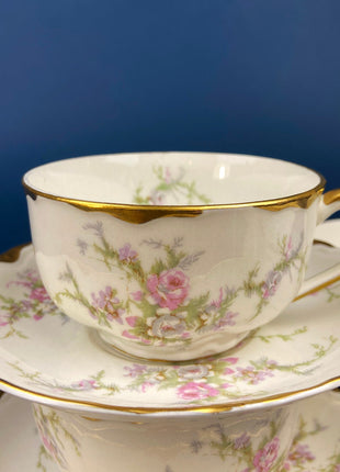Antique Cup and Saucer. Warwick Tea or Coffee Set. Made in the USA. Delicate Cottage Rose Motif.