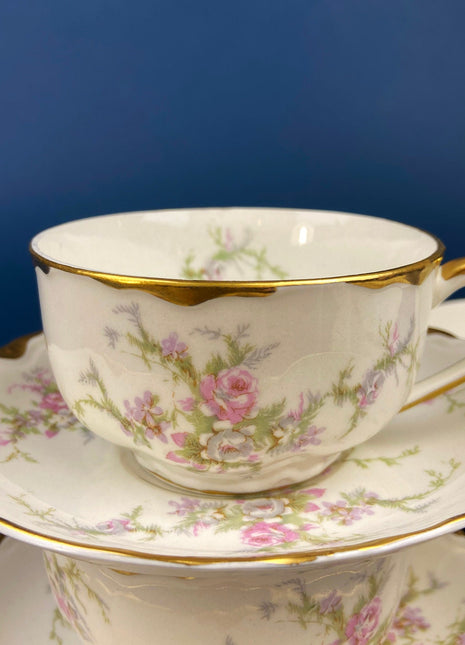 Antique Cup and Saucer. Warwick Tea or Coffee Set. Made in the USA. Delicate Cottage Rose Motif.