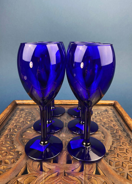Cobalt Blue Wine Glasses. Set of Six Stemware. Dark Blue Modern Glasses. Holiday Celebration.