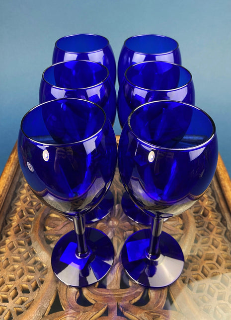 Cobalt Blue Wine Glasses. Set of Six Stemware. Dark Blue Modern Glasses. Holiday Celebration.