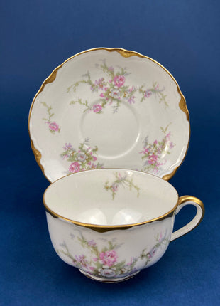 Antique Cup and Saucer. Warwick Tea or Coffee Set. Made in the USA. Delicate Cottage Rose Motif.
