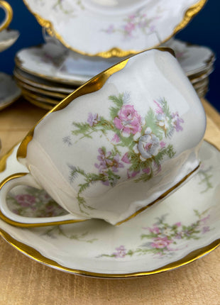 Antique Cup and Saucer. Warwick Tea or Coffee Set. Made in the USA. Delicate Cottage Rose Motif.