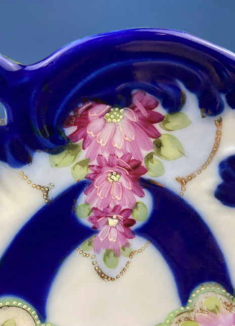 Small Antique Plate. Beautiful Cobalt Blue Glaze. Hand Painted With Ornate Brim. Trinket or Candy Plate, Soap Dish or Small Serving Plate.