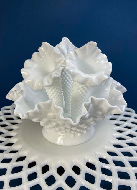 Milk Glass Three Horn Epergne. Fenton, Hobnail Vase & Bowl Combined. Table Centerpiece with Ruffled Rim. White Table Setting. Wedding Decor.