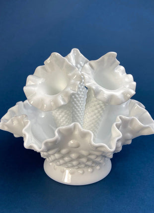Milk Glass Three Horn Epergne. Fenton, Hobnail Vase & Bowl Combined. Table Centerpiece with Ruffled Rim. White Table Setting. Wedding Decor.
