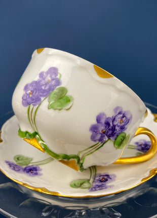 Antique Limoges Tea Cup and Saucer. Hand-Painted Porcelain Tea Set by Haviland, France. Pink Tea Roses Motif. Highly Collectible.