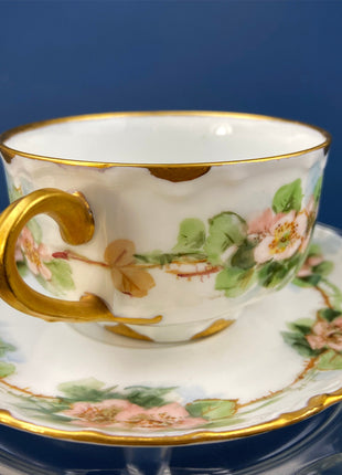 Antique Limoges Tea Cup and Saucer. Hand-Painted Porcelain Tea Set by Haviland, France. Pink Tea Roses Motif. Highly Collectible.