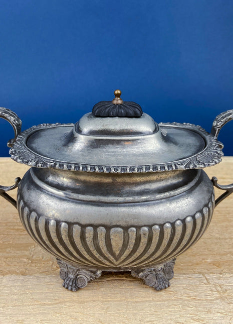 Vintage Pewter Creamer and Sugar Bowl with Lid. Cream and Sugar Serving Dishes with Black Plastic Wooden Handles & Knobs. Made in England.