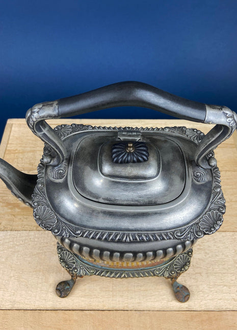 Antique Pewter Teapot or Coffee Pot with Warmer. Fluted Body and Beautiful Detailing on Brims. Made in England.