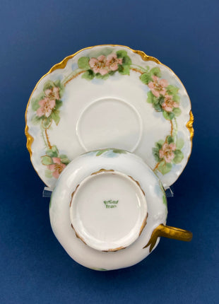 Antique Limoges Tea Cup and Saucer. Hand-Painted Porcelain Tea Set by Haviland, France. Pink Tea Roses Motif. Highly Collectible.